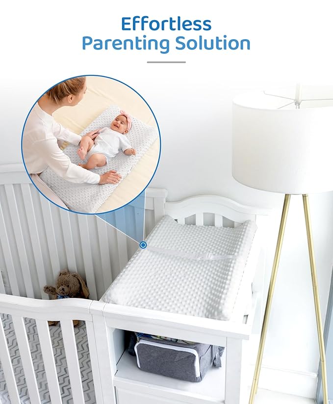 LOONAH Compact Small Changing Pad with Cover - 27" X 16" Contoured Baby Diaper Changing Pad for Combo Crib with Changing Table-Waterproof & Hypoallergenic, Safety Strap with Quick-Release Buckle-White