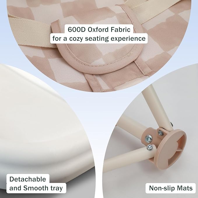 Tiny Marvels 3-in-1 Portable Baby Chair, Foldable Booster Seat with Removable Tray, Safety Harness & Carry Bag for Dining, Travel, Camping, Beach, 6M-3Y (Sand Checker)