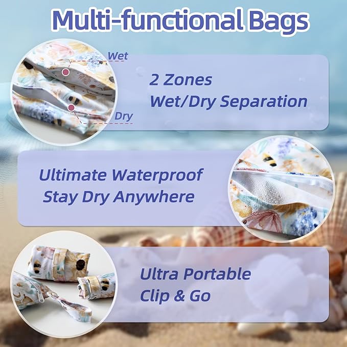 3 PCS Waterproof Wetbag, Wet Bags for Baby Cloth Diapers and Soiled Clothes, Reusable Wet Bag for Swimsuit and Towels with Double Zipper Pockets, Travel Beach Pool Essentials
