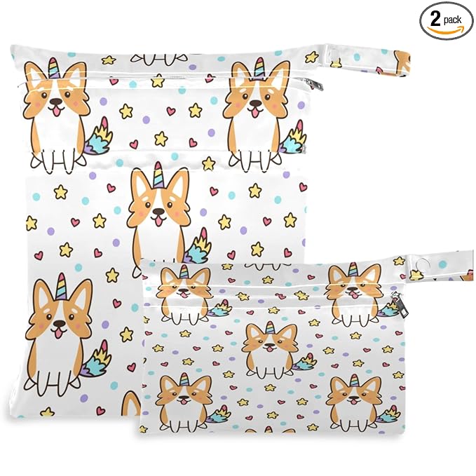 visesunny Corgi Dog with Unicorn Horn 2Pcs Wet Bag with Zippered Pockets Washable Reusable Roomy for Travel,Beach,Pool,Daycare,Stroller,Diapers,Dirty Gym Clothes, Wet Swimsuits, Toiletries