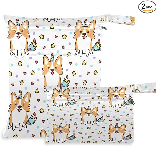 visesunny Corgi Dog with Unicorn Horn 2Pcs Wet Bag with Zippered Pockets Washable Reusable Roomy for Travel,Beach,Pool,Daycare,Stroller,Diapers,Dirty Gym Clothes, Wet Swimsuits, Toiletries