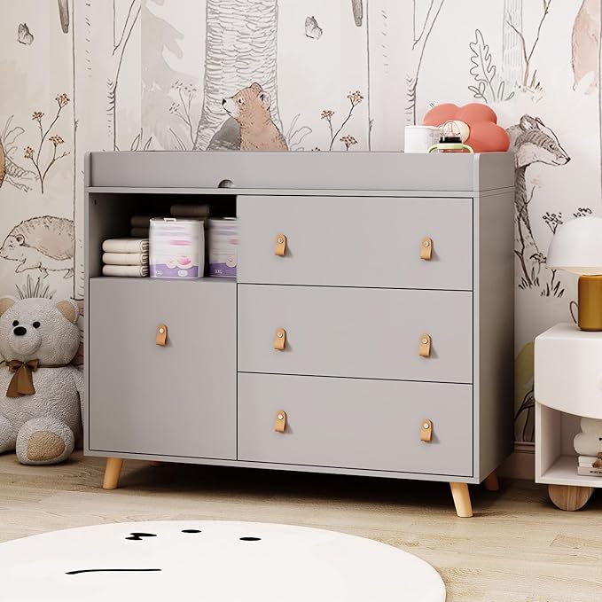 Changing Table Dresser, Baby Nursery Dresser with 3 Drawers and Shelf, Top Guardrail and Large Storage Cabinet, Hidden Trash Storage, Baby Changing Dressers for Nursery Room, Gray