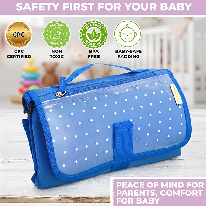 Portable Diaper Changing Mat, Fits Most Changing Tables, One-Hand Hook-and-Loop Fasteners, Front Touchscreen-Friendly Pocket, Blue