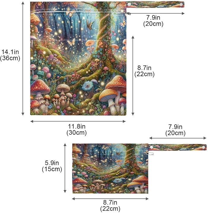 2 Pack Fairyland Forest Mushrooms Cloth Diaper Wet Dry Bags,Waterproof Reusable Wet Bag with Two Zipper Pockets& Handle,Washable for Swimming,Travel,Beach,Pool or Wet Clothes