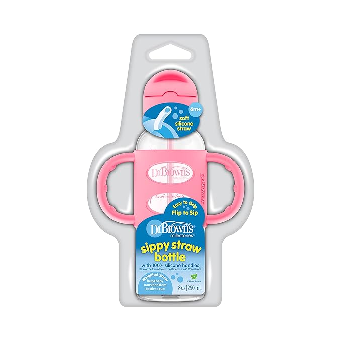 Dr. Brown's Milestones Narrow Sippy Straw Bottle, Spill-Proof with 100% Silicone Handles & Milestones Baby’s First Straw Cup, Training Cup with Weighted Straw, Coral, 6m+