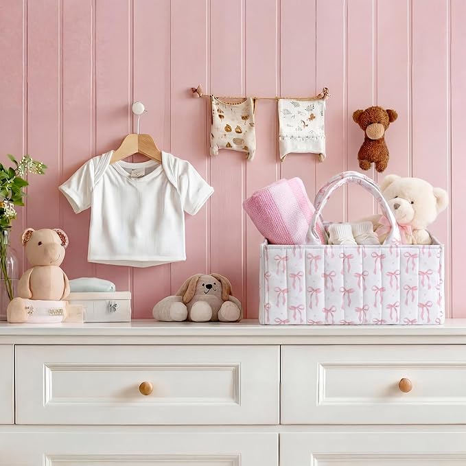 Shinylin Diaper Caddy Organizer with Pink Bow Portable Nursery Storage Basket with Handles and Removable Dividers Cute Storage Bin for Organizer Diaper Caddy Baby Wipes Baby Shower Gifts