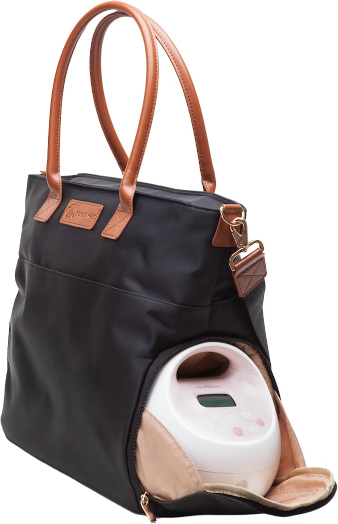 Sarah Wells Abby Breast Pump Tote with Real Leather Straps – Stylish Pumping Bag with Insulated Pockets, Laptop Storage & Easy-Clean Interior – Professional Breast Pump Bag for Work & Travel (Black)