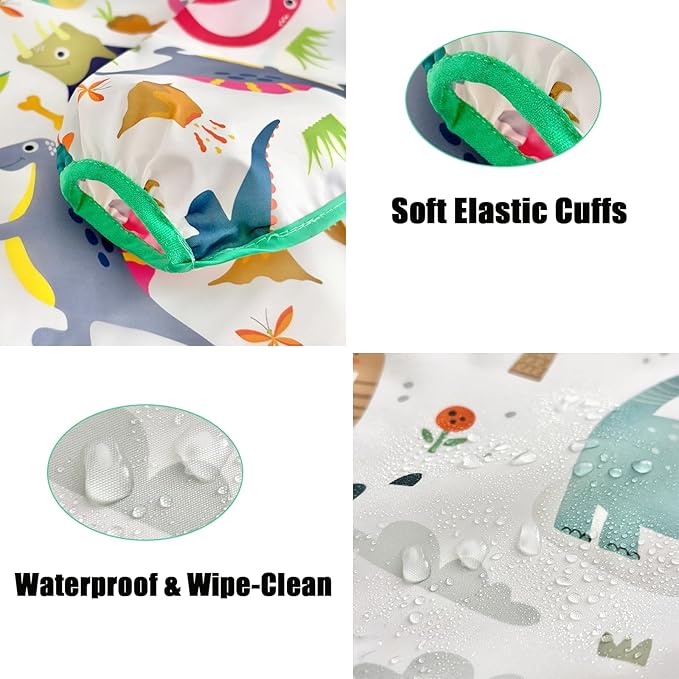 PandaEar 3 Pack Baby Long Sleeve Bibs, Waterproof Toddler Smock for Eating & Arts, Sleeved Bib with Elastic Cuffs & Pocket, Fits 6-36 Months (Whale/Dinosaur)