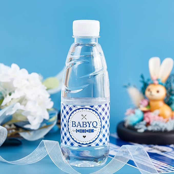 24PCS BBQ Baby Shower Water Bottle Labels, Barbecue Baby Shower Waterproof Self Adhesive Water Bottle Labels for Cookout BBQ Babyq Shower Decorations Boy Blue