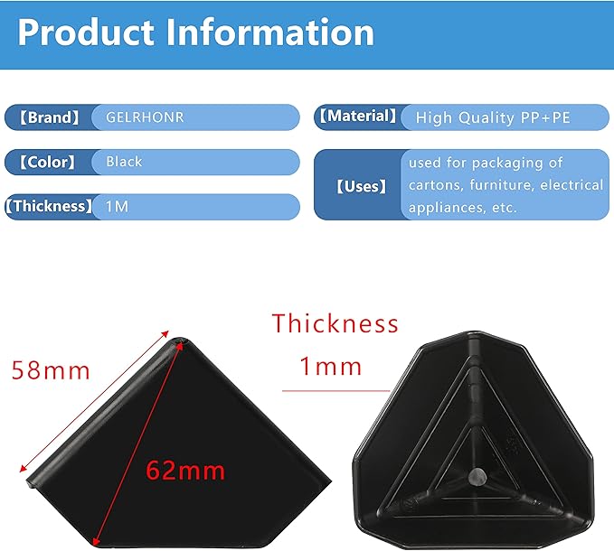 GELRHONR 50pcs Heavy Duty Packaging Plastic Corner Protectors, 60mm, Black, PP+PE, Packing protector, 58x58x58mm, 50 Count