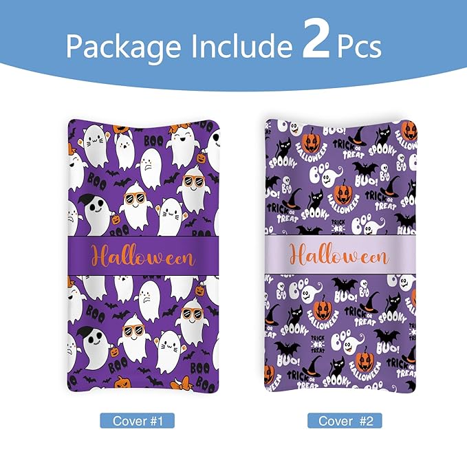 KAINSY Personalized Halloween Changing Pad Cover, Custom Diaper Change Table Sheets with Name, Purple Ghost Print Soft Jersey Knit Change Table Sheets, 2 Pack Changing Pad Covers (16" x 32")