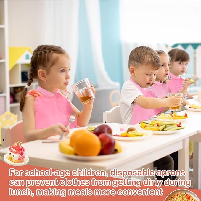 Skicuff 500 Pcs Disposable Plastic Bibs Bulk for Kids 11" x 15.75" Children Eating Bibs with Crumb Catcher for Toddlers (Watery Red)