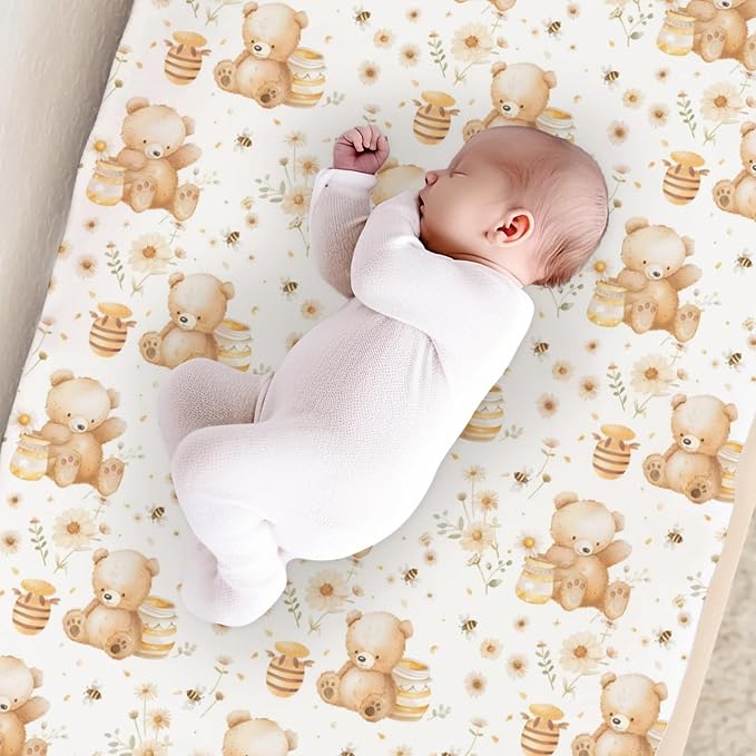 Cute Bears Bee Flowers Floral Pattern Baby Changing Pad Cover, Unisex Bear Nursery Diaper Changing Table Pad Mat Sheet for Boys Girls-16x32