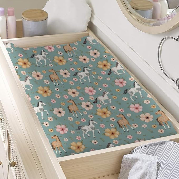 Changing Pad Covers Watercolor Horse Floral Baby Diaper Changing Pad Cover for Boys Girls Soft Breathable Stretch Fitted Diaper Change Table Pad Covers 32''x16'' Green