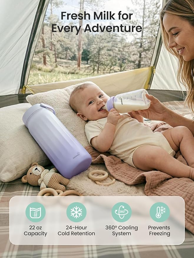 Grownsy 22oz Portable Breast Milk Cooler, 360° Stainless Steel Chiller Keeps Breastmilk Fresh for 24H, No Ice Crystals,Milk Cooler with 2 Baby Bottles for Work & Travel, Baby Breastfeeding Essential