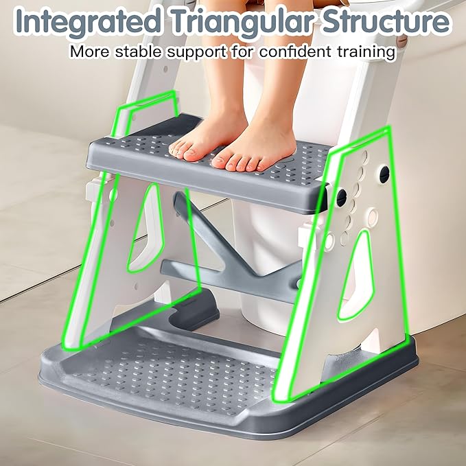 Potty Training Seat, 2 in 1 Potty Training Toilet with Step Stool for Boys Girls, Toddler Toilet Seat with Stabilizer Crossbar, Anti-Slip Pads and Splash Guard, Grey