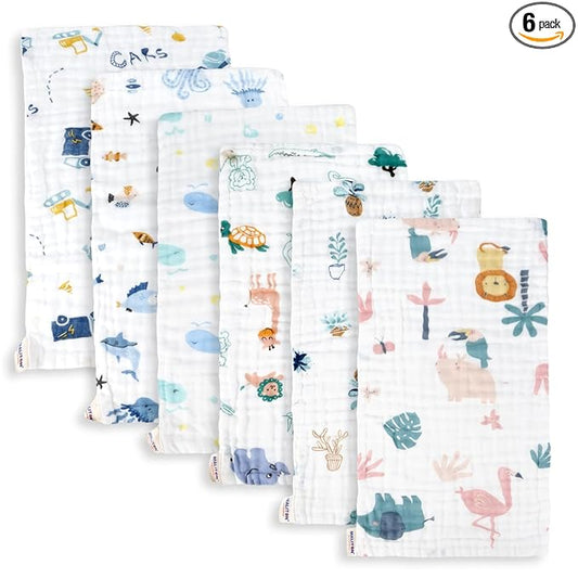 Maliton Muslin Baby Burp Cloths 6 Pack Large 20''x10'' 100% Cotton Burp Rags Absorbent and Soft 6 Layers Muslin Cloth Baby Essentials for Newborn(Zoo Pattern, Pack of 6)