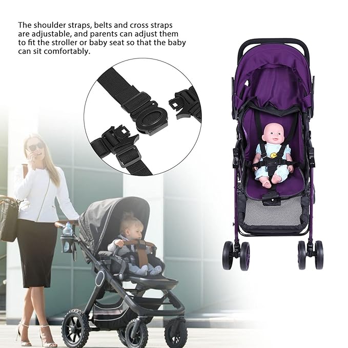 Stroller Seat Harness, 5 Point Universal Baby High Chair Safety Belts Travel Pushchair Adjustable Strap for Kids Wagon Car Children Infant Toddler Rotating Protection Pram Accessories(Hidden Buckle)
