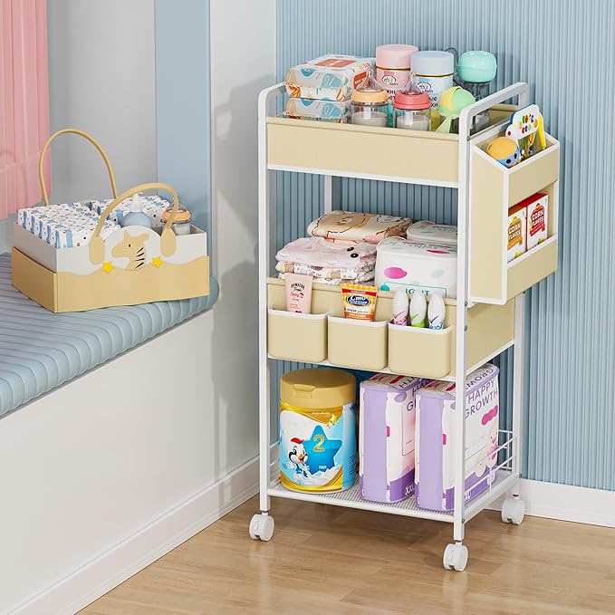 Diaper Cart Rolling Storage, 3-Tier Nursery Organizer with Removable Diaper Caddy, Mobile Metal Caddy for Baby Wipes & Toys, Small Utility Cart for Tight Spaces