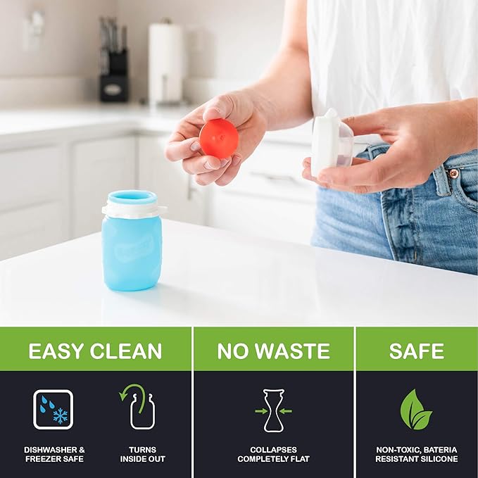 Red 3.5 oz Squeasy Snacker Spill Proof Silicone Reusable Food Pouch - for Both Soft Foods and Liquids - Water, Apple Sauce, Yogurt, Smoothies, Baby Food - Dishwasher Safe
