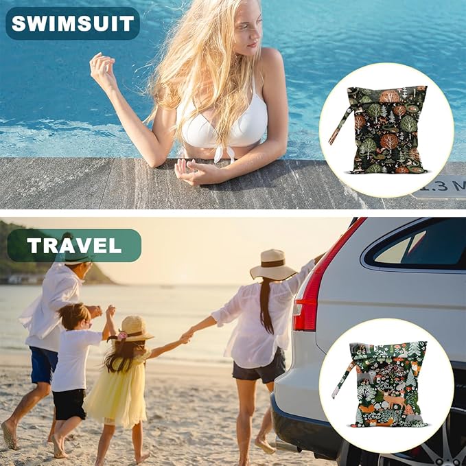2Pcs Forest Animals Print Wet Bags, Wet Dry Bag Reusable for Swimsuit, Travel, Diapers, Pool, Beach, Dirty Yoga Gym Clothes, Toiletries, Makeup Bag, Zipper Pouch Waterproof Birthday Christmas Gifts
