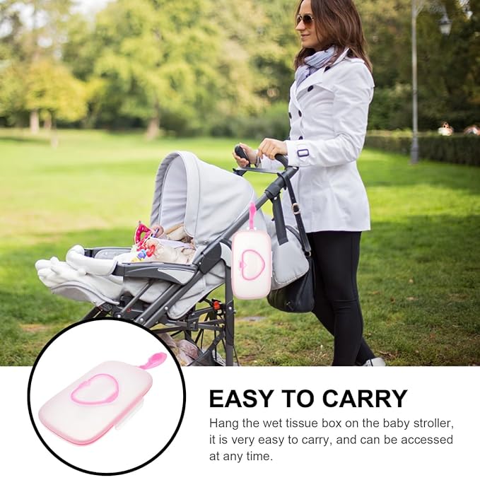 Portable Baby Wipes Case for Travel Stroller Hanging Wet Tissue Dispenser with Hand Strap Pink