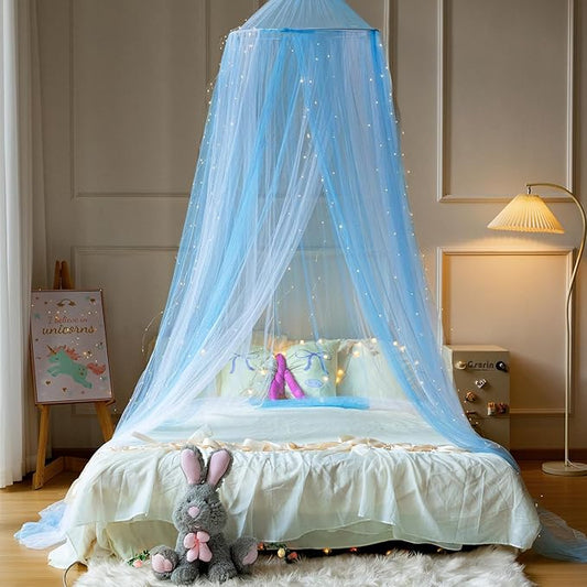 Princess White Blue Bed Canopy with Warm Fairy Lights for Girls Bed Net,Princess Canopy for Kids Bed Room Decor
