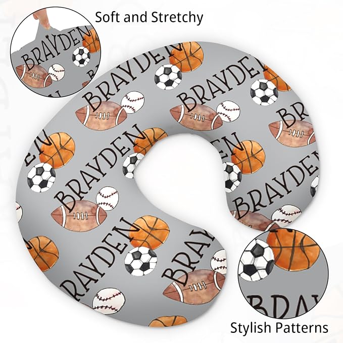 Baby Nursing Pillow Cover - Personalized Name Multi-Ball Theme Breastfeeding U-Shaped for Bottle Feeding, Ultra Soft Comfortable Breastfeeding Pillow Cover for Infant Baby Boys and Girls
