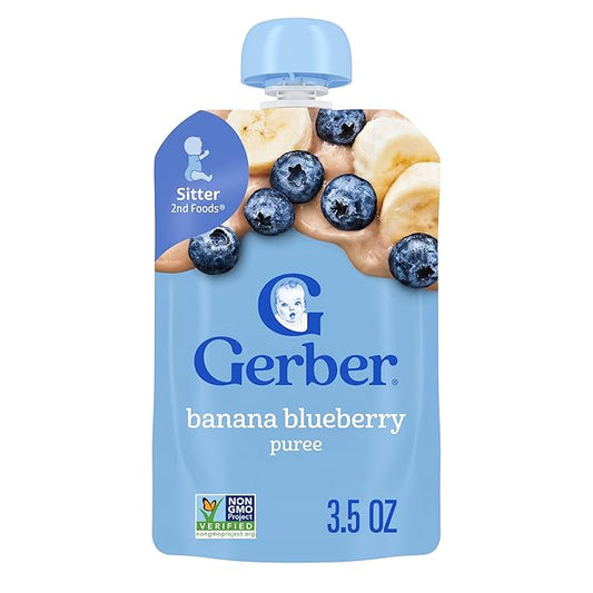 Gerber Stage 2 Baby Food, Banana Blueberry Puree Pouch, 2 Servings of Fruit, No Added Sweetener, No Artificial Colors or Flavors