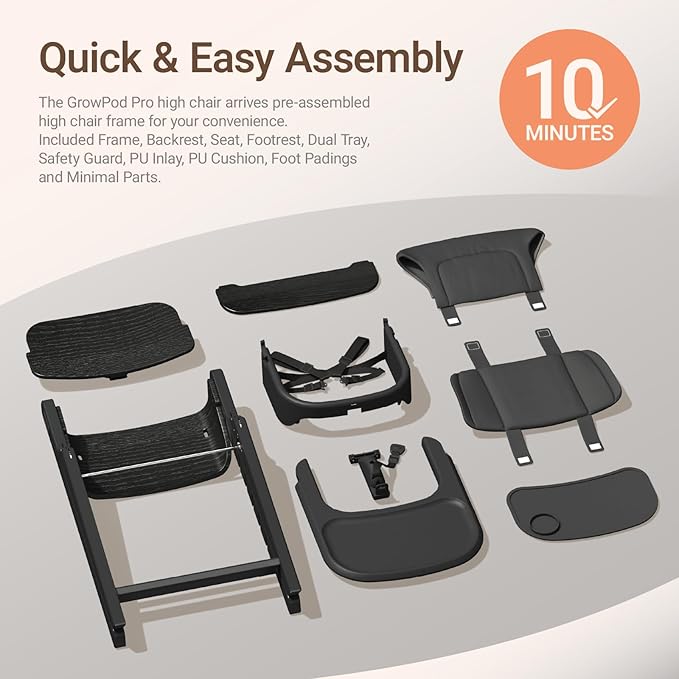 Mamazing GrowPod Pro Wooden Baby High Chair for 6 Months to 300lbs, Easy to Clean with Tray, Compact Foldable Highchair for Kitchen & Dining Room, with 5-Point Safety Harnesses and Guard Bar
