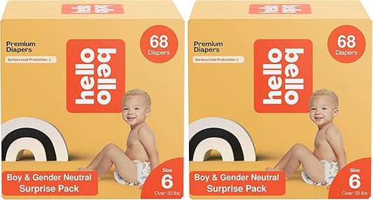 Hello Bello Premium Baby Diapers Size 6 I 68 Count of Disposable, Extra-Absorbent, Hypoallergenic, and Eco-Friendly Baby Diapers with Snug and Comfort Fit I Surprise Boy Patterns (Pack of 2)