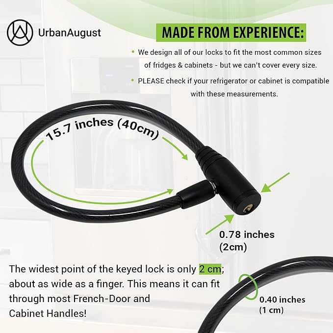 Urban August Child-Proof Refrigerator Lock for Kids & Adults - Lock for French Door Fridge and Cabinet (Regular, Black - 3 Pack Keyed Alike)