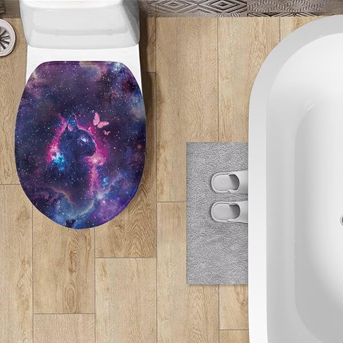 Toilet Lid Covers Soft Flannel Fabric Toilet Lid Cover Starry Cat Print Toilet Lid Cover Breathable Toilet Seat Covers for Bathroom Soft, Dustproof Seat Covers Keep Clean