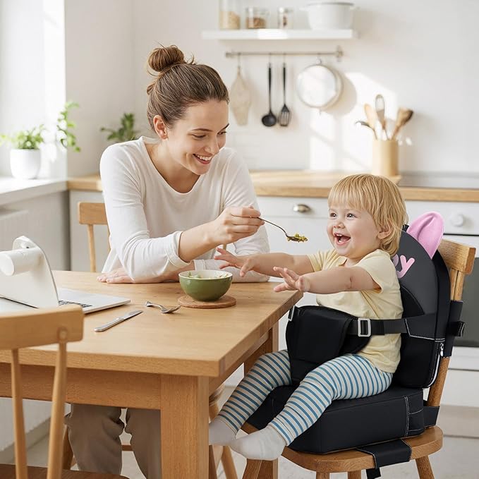 Booster Seat for Dining Table,Toddler Kids Boys Girls Portable PU Waterproof Travel Baby Boosters Increasing Cushion with Backrest and Adjustable Strap (Dark Gray, OneSize)