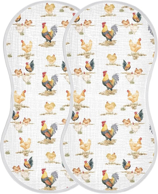 Muslin Burp Cloths for Baby Boys and Girls - 2-Pack Ultra Absorbent Rustic Retro Chickens Rooster Muslin Washcloths, Newborn Towel, Milk Spit Up Rags, Burp Cloth Bibs for Unisex, 22 x 11 Inch