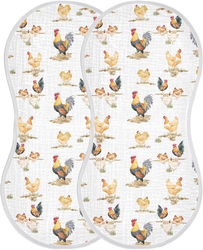Muslin Burp Cloths for Baby Boys and Girls - 4-Pack Ultra Absorbent Rustic Retro Chickens Rooster Muslin Washcloths, Newborn Towel, Milk Spit Up Rags, Burp Cloth Bib for Unisex, 22 x 11 Inch