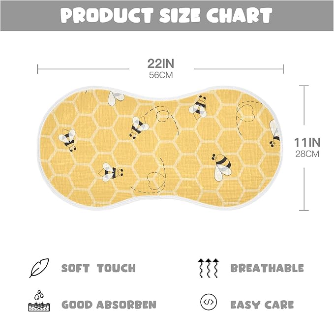 Cute Bee On Honey Yellow Honeycomb Muslin Burp Cloths for Baby 2 Pack 100% Cotton Baby Washcloths Bibs for Boy Girl