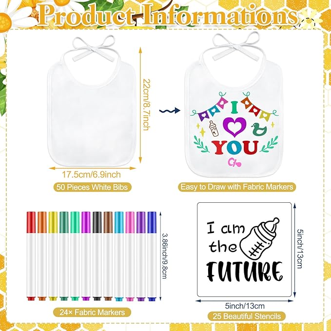 Panitay 100 Pcs DIY Baby Bibs Decorating Kit 50 White Bibs 25 Stencils 24 Markers 1 Baby Shower Game Sign