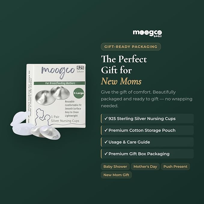 MOOGCO The Original Silver Nursing Cups - Nipple Shields for Nursing Newborn - Breastfeeding Essentials - Newborn Essentials Must Haves - Nipple Covers Breastfeeding - 925 Silver (X-Large)