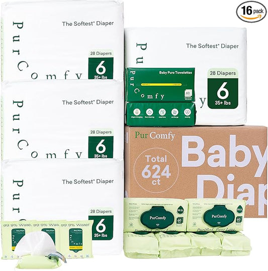 PurComfy Baby Diapers Essential Kit, 4 Pack Size 6 Diapers (112 Ct), 6 Baby Wipes (360Ct), 4 Travel Pack Wipes (32Ct) and 2 Dry Wipes (120Ct), All in One Newborn Essentials Kit, Total 624 Count