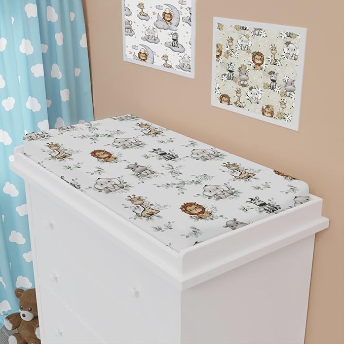 Baby Safari Animals Green Leaves Changing Pad Covers Lion Elephant Giraffe Zebra Hippo Boho Leaf Diaper Change Table Pad Covers for Girl Boy Soft Breathable Stretch Changing Mat Sheets 32''x16''