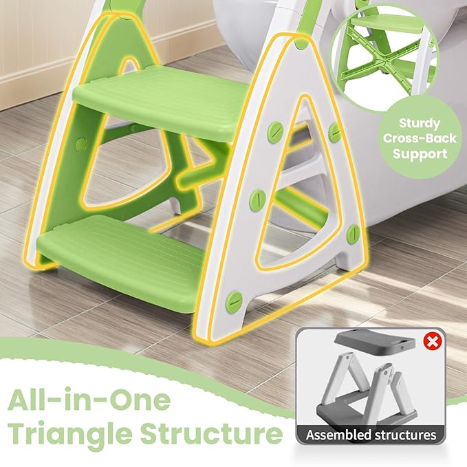 Potty Training Seat, Primlect Upgrade Ultra-Stable Toddler Toilet Seat for Kids Boys Girls, 2 in 1 Potty Training Toilet with Step Stool, Adjustable Seat and Ladder, Non-Slip Pad, Splash Guard (Green)