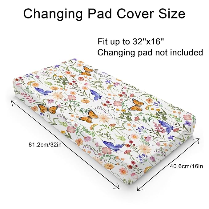 Spring Wildflower Butterflies Changing Pad Cover Watercolor Floral Summer Baby Changing Table Sheets for Baby Boy Girl Retro Botanical Soft Breathable Stretch Changing Table Mats 32''x16''