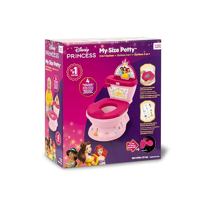 Bright Starts Disney Junior Princess My Size Potty Training Toilet, Toddler Potty Chair with Flushing & Cheering Sounds, Removable Seat with Splash Guard & Handles, Ages 18+ Months, Up to 50 lbs