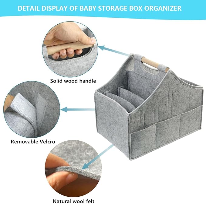 Baby diaper caddy organizer, car felt caddy, baby product storage basket, solid wood handle, detachable partition storage basket for daycare,Best Gift Basket for Babies (grey)