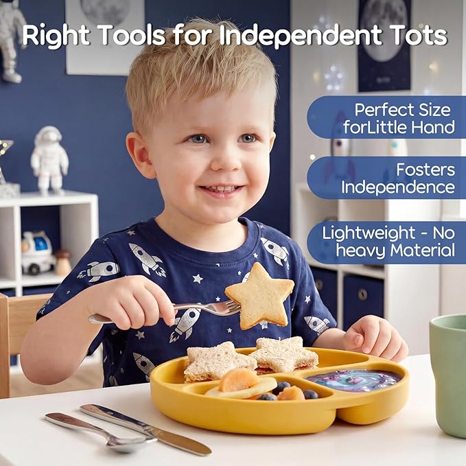 Lehoo Castle Toddler Eating Utensils 6-Piece | Stainless Steel Kids Utensils for Ages 3+, Toddler Spoons and Forks Knife Set, Children Safe Flatware for Self Feeding (Space)