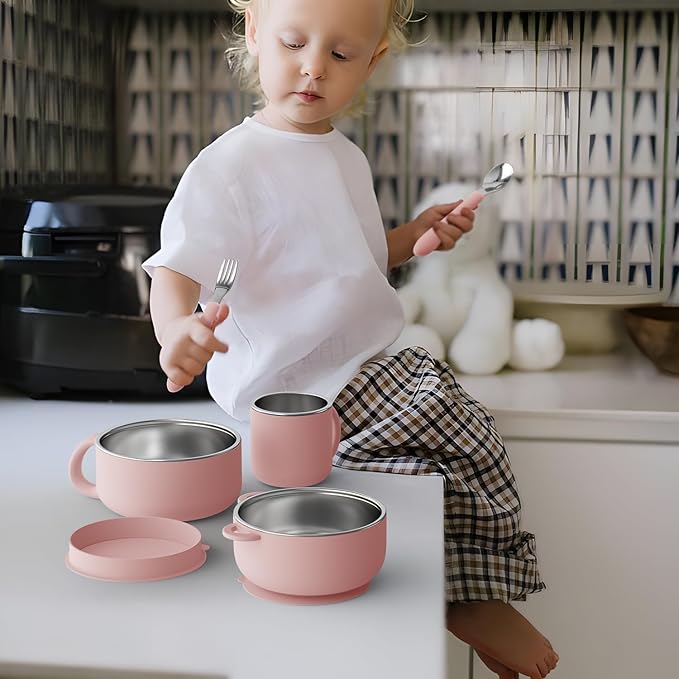 Bakpoco Kids Dinnerware Set - 6 Piese Toddler Plates and Suction Bowls Set with Kids Utensils&Cup, 2 IN 1 Stainless Steel & Silicone Baby Self Feeding Supplies, Blush