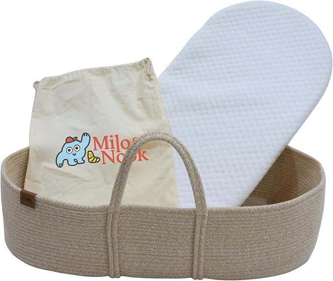 Milo & Nook Baby Changing Basket with Pad – Soft Cotton Moses Basket, Waterproof Liner & Soft Cover, Portable Changing Basket for Newborn Nursery, Machine-Washable Cover