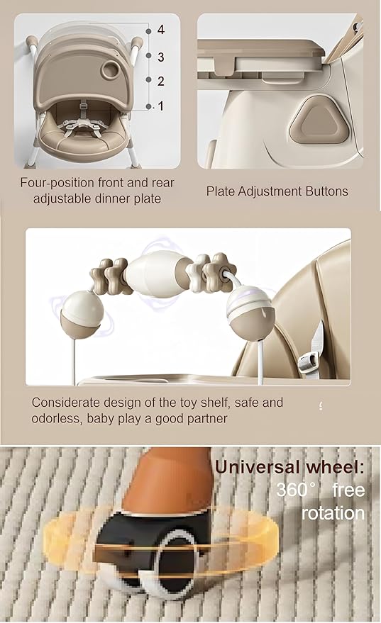 PU Leather Baby High Chair with Rocking Mode for Babies and Toddlers, Foldable Baby Eating Chair with Adjustable Backrests and Heights, Convertible Highchairs with Wheels (Khaki)