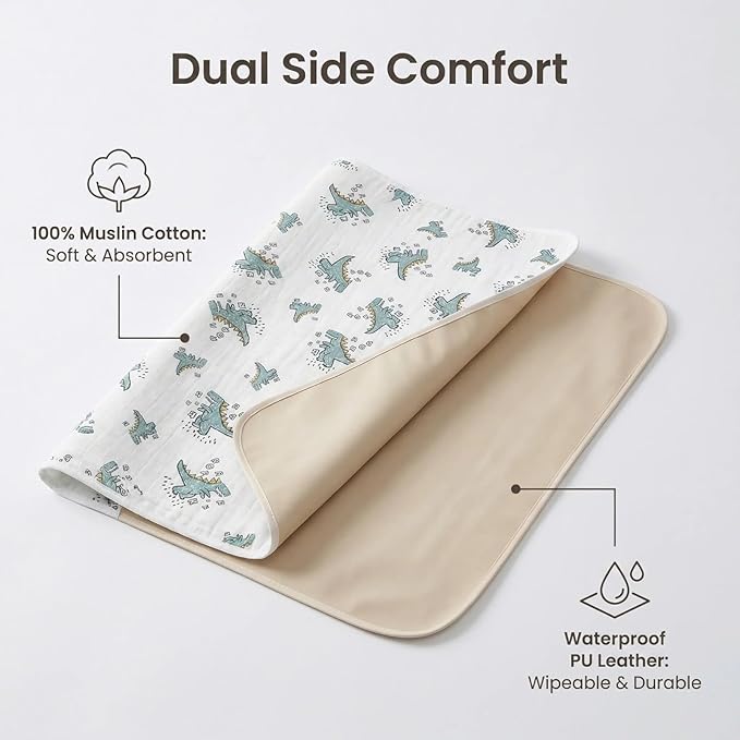Baby Diaper Changing Pad, 19.7"x25.6" Waterproof Changing Pad Liners with 100% Muslin Cotton Front Top and Leather Back, Soft and Absorbent Portable Changing Mat for Travel, Changing Station